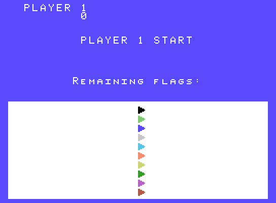 Up 'n Down ColecoVision Screenshot: Player 1 start; here's the remaining flags...