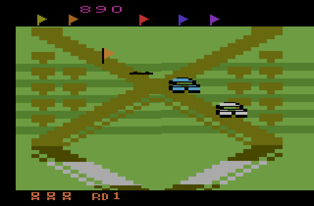 Up 'n Down Atari 2600 Screenshot: I'll need to jump over this car to reach that flag...