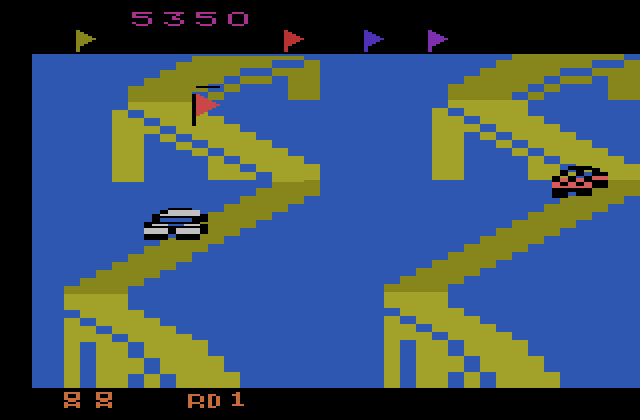 Up 'n Down Atari 2600 Screenshot: On track to collect another flag...