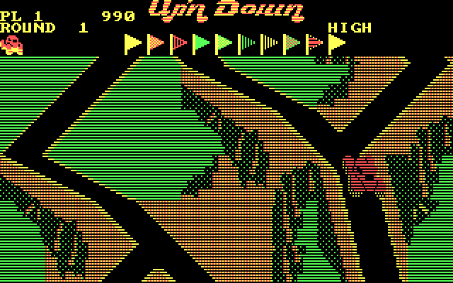 Up 'n Down IBM PC/Compatibles Screenshot: Driving on some uphill terrain.