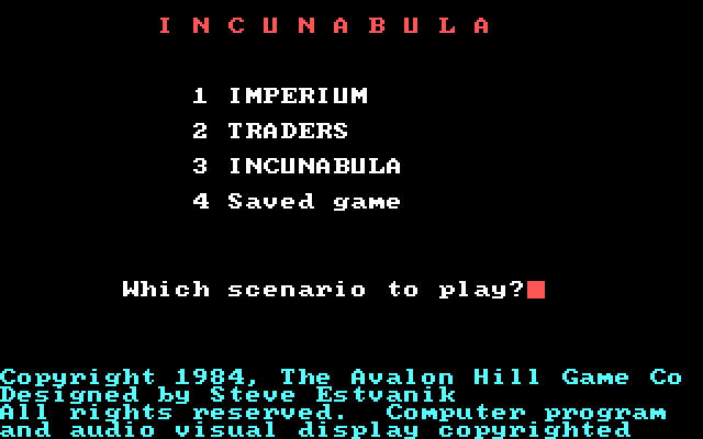 Incunabula IBM PC/Compatibles Screenshot: Select a scenario.