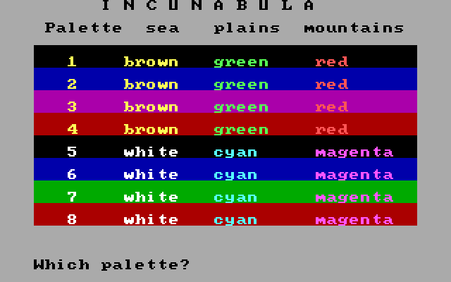 Incunabula IBM PC/Compatibles Screenshot: You can choose from several color options for the game.