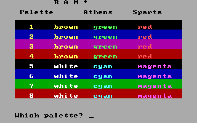 RAM! IBM PC/Compatibles Screenshot: You can choose to play the game with several sets of colors.