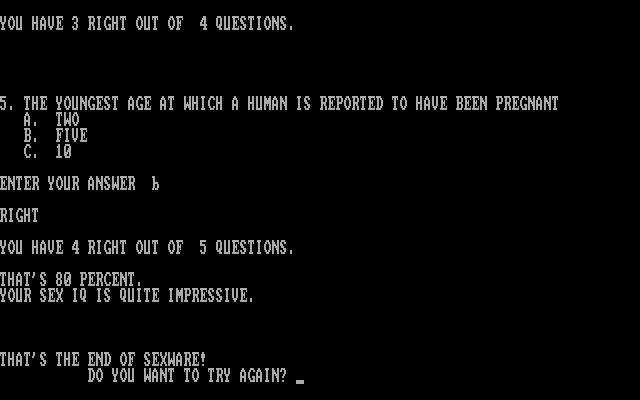 Sexware IBM PC/Compatibles Screenshot: That's the end! Try again?
