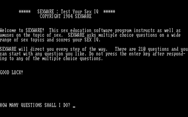 Sexware IBM PC/Compatibles Screenshot: Title screen and game start.