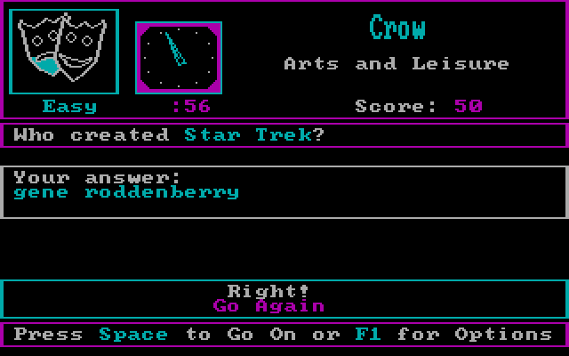 Trivia Savant IBM PC/Compatibles Screenshot: A correct answer!