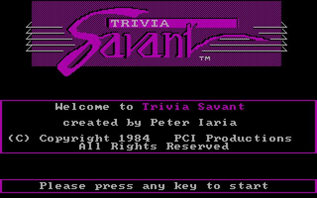 Trivia Savant IBM PC/Compatibles Screenshot: Welcome to the game!