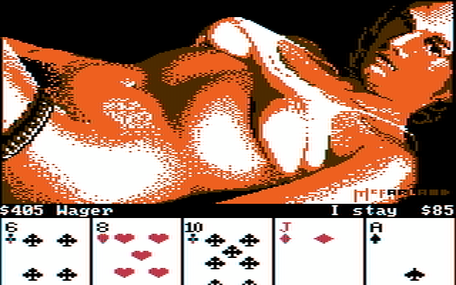 Strip Poker: A Sizzling Game of Chance IBM PC/Compatibles Screenshot: Your opponent stays...care to make a bet with this hand?
