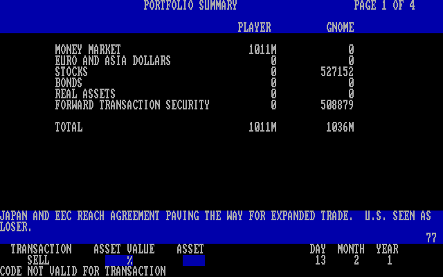 Money Bags: Beat the Gnome of Zurich IBM PC/Compatibles Screenshot: The portfolio summary.