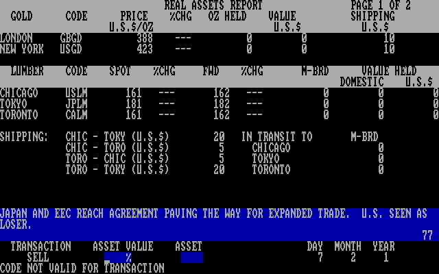 Money Bags: Beat the Gnome of Zurich IBM PC/Compatibles Screenshot: The real assets report.