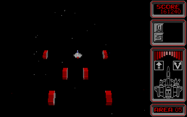 Silpheed IBM PC/Compatibles Screenshot: Those red blocks try to crush you.