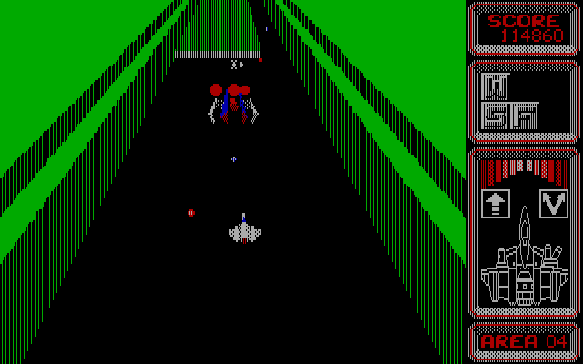 Silpheed IBM PC/Compatibles Screenshot: Flying through the fortress; don't get caught behind walls!