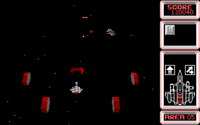 Silpheed IBM PC/Compatibles Screenshot: Those red blocks try to crush you...