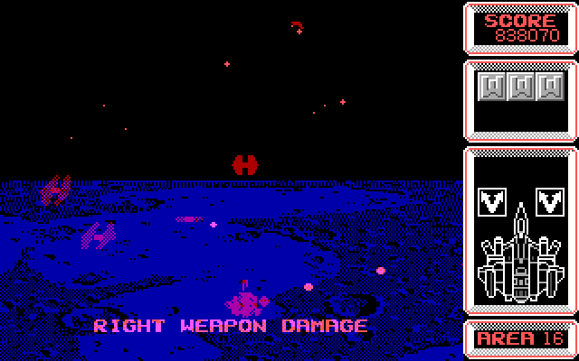 Silpheed IBM PC/Compatibles Screenshot: I'm hit, and my right weapon is damaged!