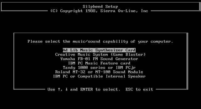 Silpheed IBM PC/Compatibles Screenshot: Sound device selection (Version 2.3).
