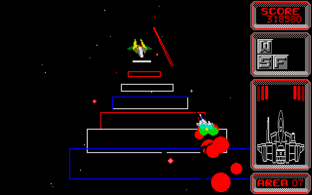 Silpheed PC-8800 Series Screenshot: I'm hit! This boss has a powerful weapon...