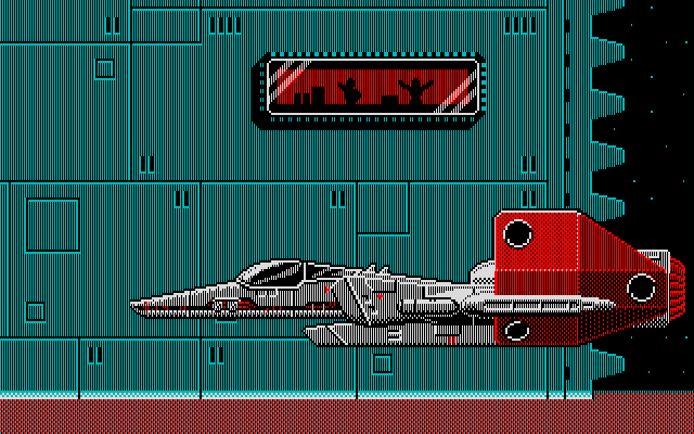 Silpheed PC-8800 Series Screenshot: The next cut scene; Silpheed coming in for a landing.