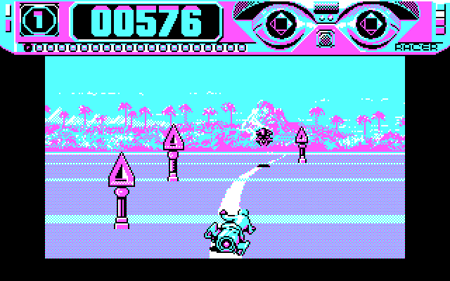 Space Racer IBM PC/Compatibles Screenshot: Don't crash into obstacles on the side of the road...