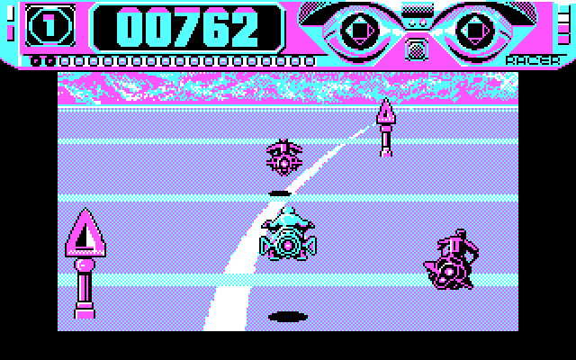 Space Racer IBM PC/Compatibles Screenshot: Catching up to the lead racer, but someone else approaches from behind!
