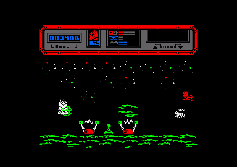 Starquake Amstrad CPC Screenshot: Floating over some dangerous terrain...