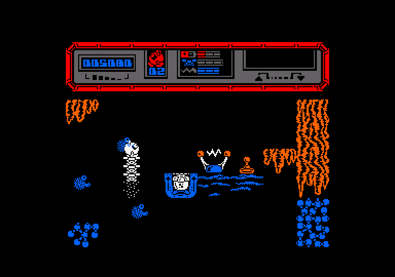 Starquake Amstrad CPC Screenshot: Hovering my way up to that platform...