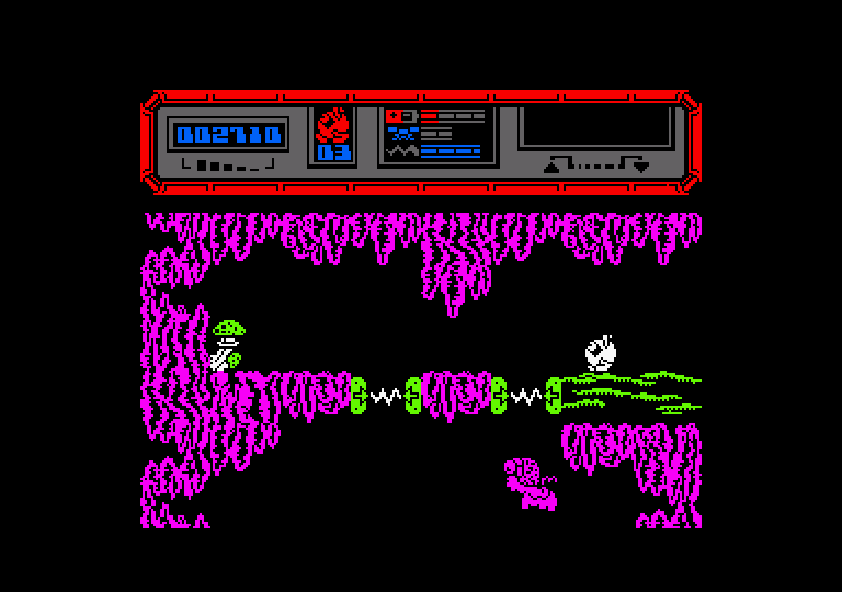 Starquake Amstrad CPC Screenshot: Be careful, the lightning bolts between those narrow gaps is dangerous!