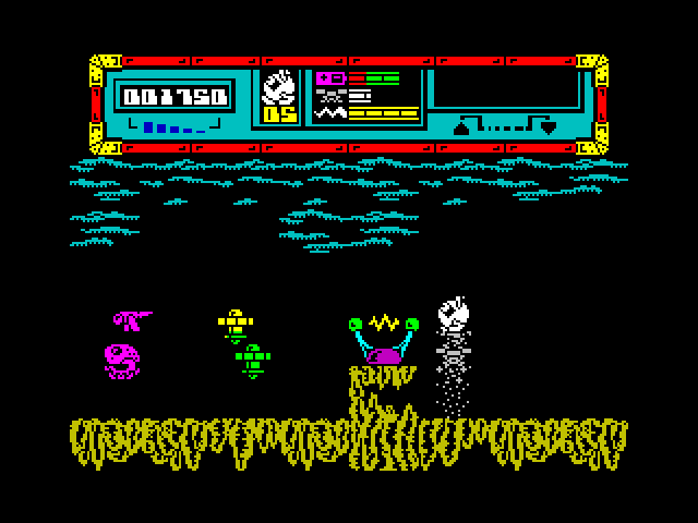 Starquake ZX Spectrum Screenshot: Attempting to lift myself across this obstacle...
