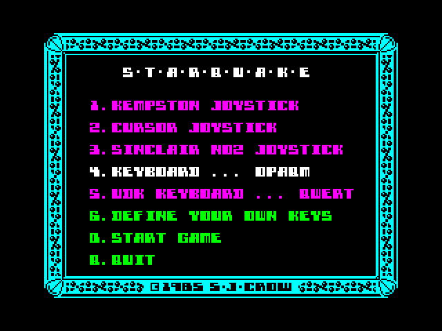 Starquake ZX Spectrum Screenshot: The main menu...