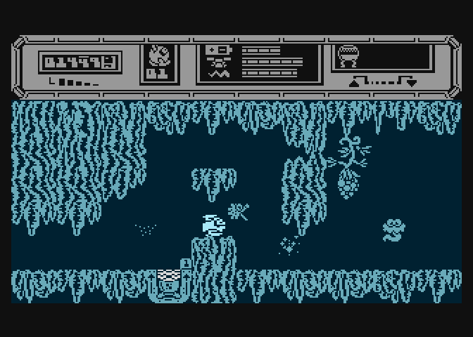 Starquake Atari 8-bit Screenshot: Navigating through some narrow terrain...