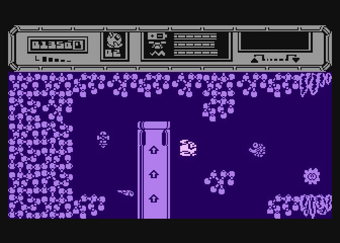 Starquake Atari 8-bit Screenshot: Leaping out of the top of an elevator...