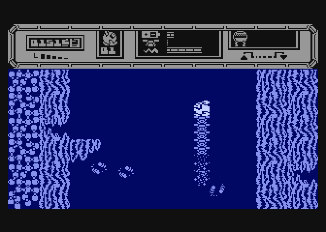 Starquake Atari 8-bit Screenshot: Trying to float my way up this corridor, but I'm almost out of energy!