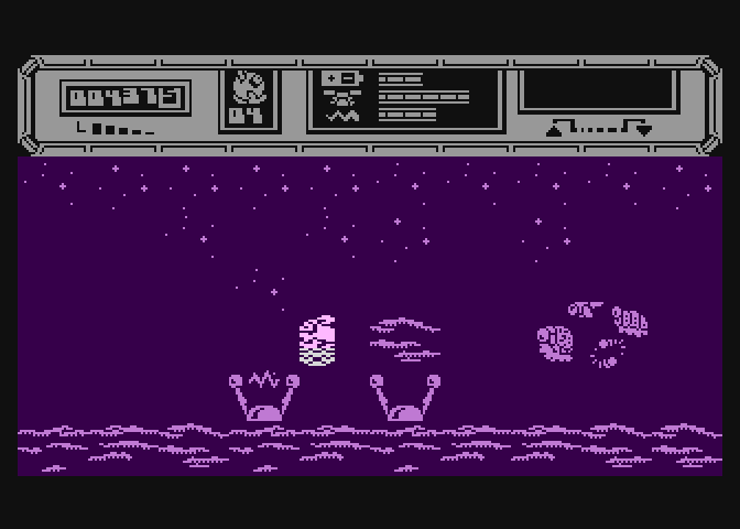 Starquake Atari 8-bit Screenshot: Exploring the surface of this strange planet...