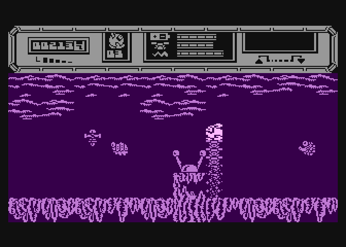 Starquake Atari 8-bit Screenshot: Make sure these devices aren't energized when you try to get past them...