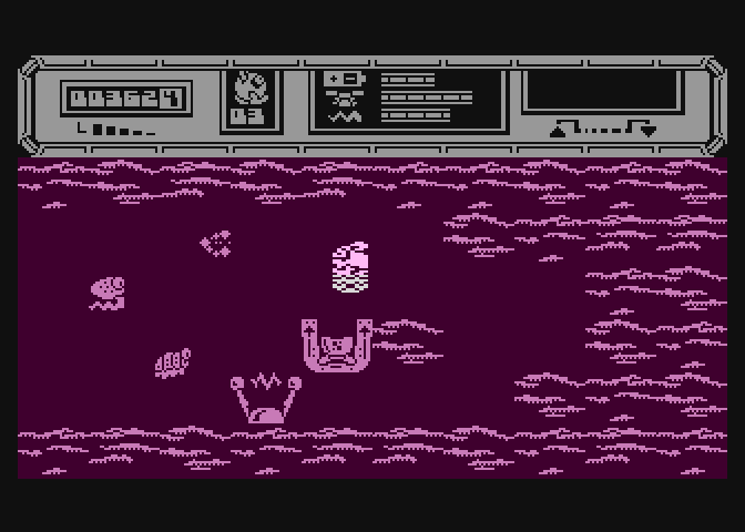 Starquake Atari 8-bit Screenshot: Trapped in a corner, but I have a flying device!