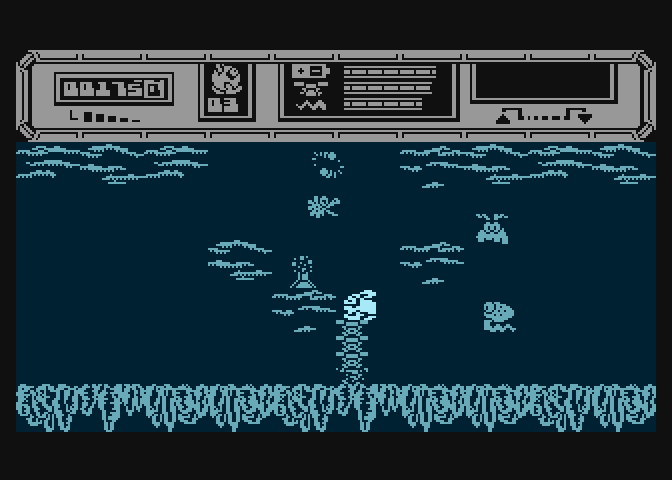 Starquake Atari 8-bit Screenshot: Floating up to retrieve an item...