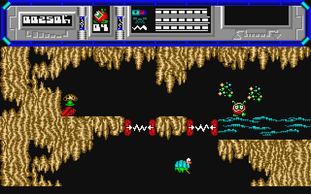 Starquake Atari ST Screenshot: Two narrow passages; timing is key to get through them safely!
