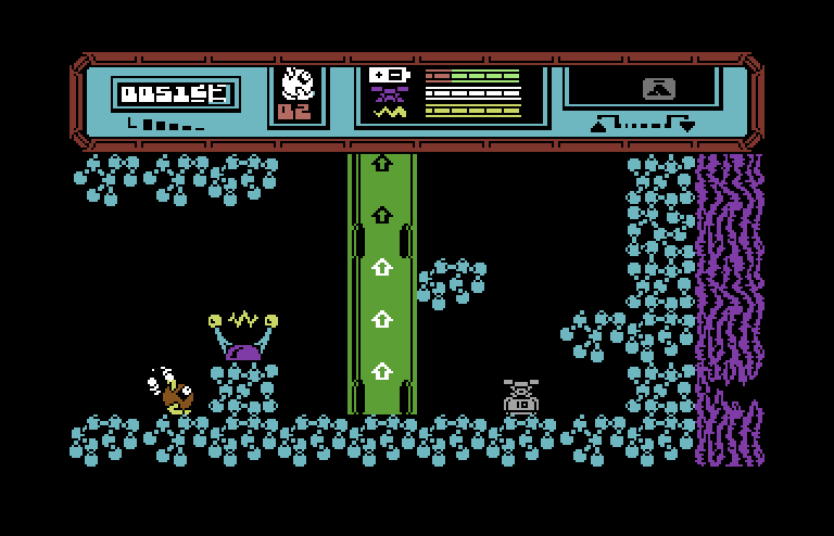 Starquake Commodore 64 Screenshot: This tube will lift me up to the next screen.