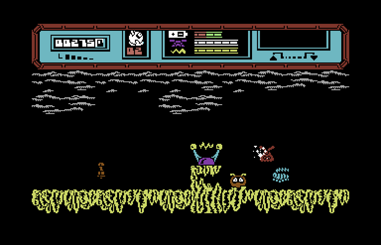 Starquake Commodore 64 Screenshot: Don't get zapped when crossing over this device!