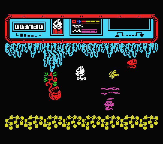Starquake MSX Screenshot: Using a device to fly through this screen...