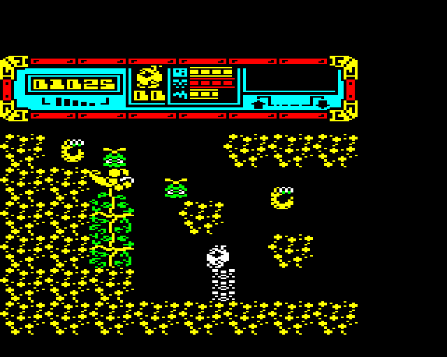 Starquake BBC Micro Screenshot: Create temporary platforms to lift up the BLOB.