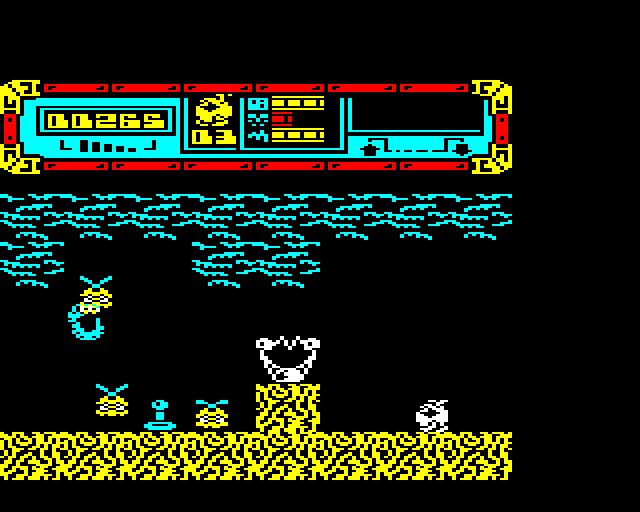 Starquake BBC Micro Screenshot: Watch out for the energy fields, they can drain your energy instantly.