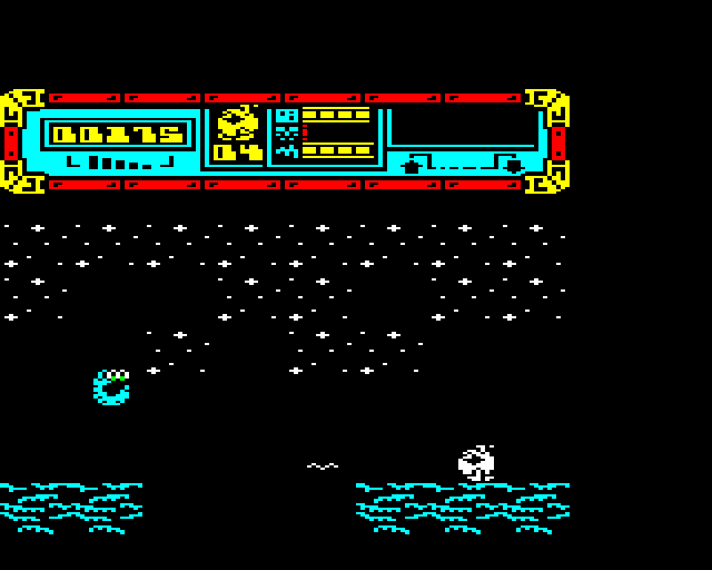 Starquake BBC Micro Screenshot: Firing at an opponent.
