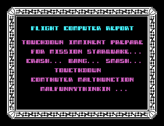 Starquake Tatung Einstein Screenshot: Flight computer report...