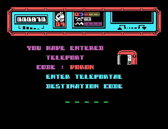 Starquake Tatung Einstein Screenshot: I'll need to locate a code to use the transporter.