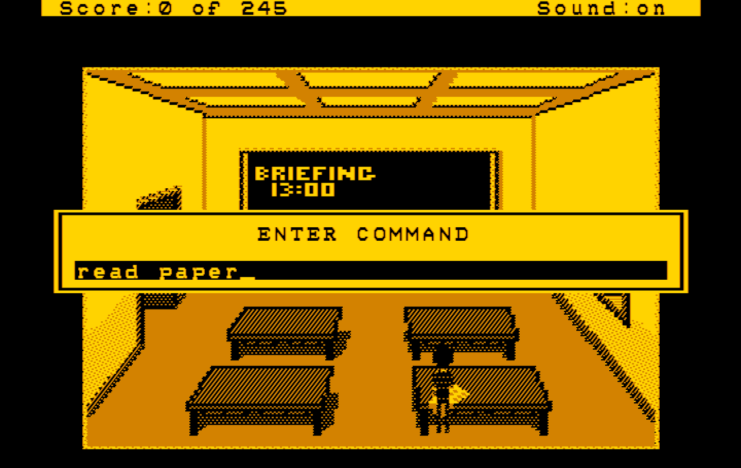 Police Quest: In Pursuit of the Death Angel IBM PC/Compatibles Screenshot: In the Hercules version the text box is in the middle of the screen.