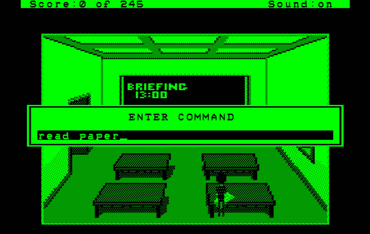 Police Quest: In Pursuit of the Death Angel IBM PC/Compatibles Screenshot: In the Hercules version the text box is in the middle of the screen.