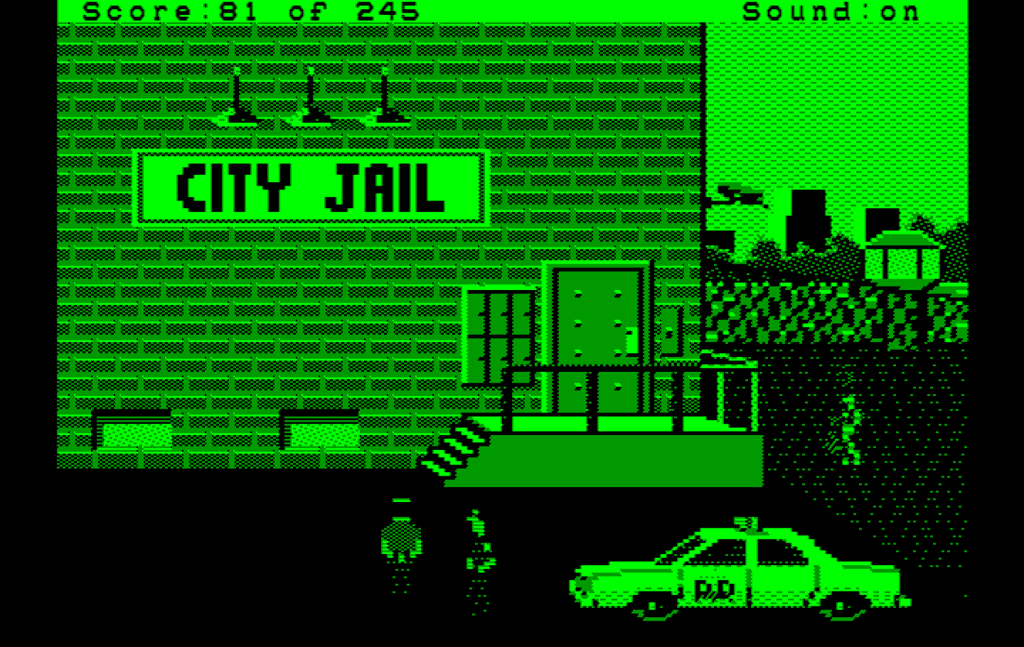 Police Quest: In Pursuit of the Death Angel IBM PC/Compatibles Screenshot: Bringing the suspect to the city jail.