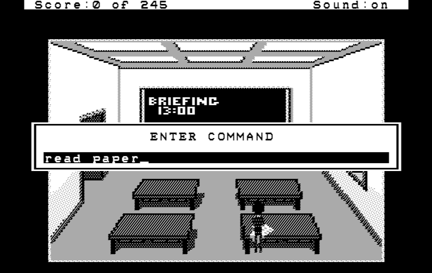 Police Quest: In Pursuit of the Death Angel IBM PC/Compatibles Screenshot: In the Hercules version the text box is in the middle of the screen.