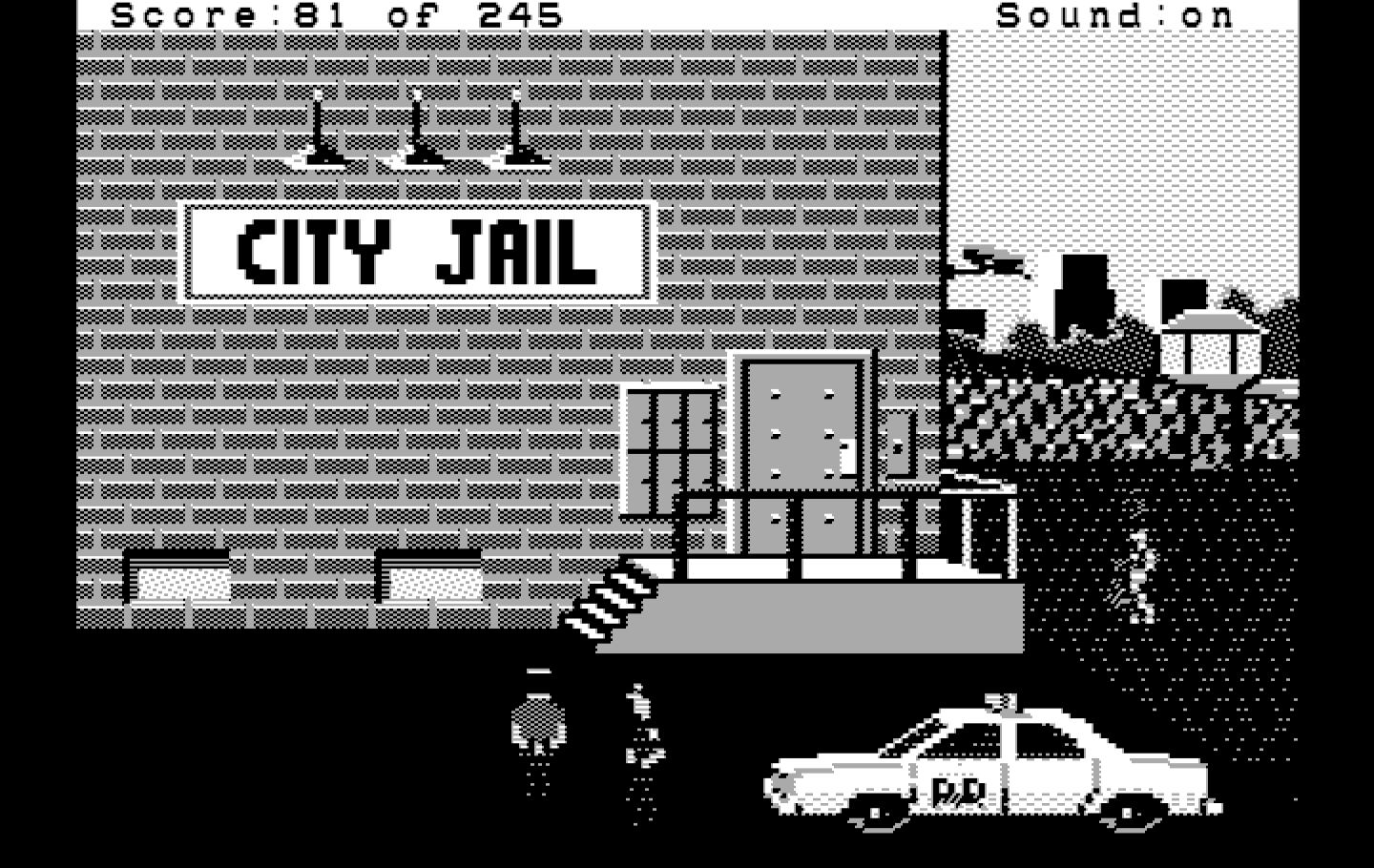 Police Quest: In Pursuit of the Death Angel IBM PC/Compatibles Screenshot: Bringing the suspect to the city jail.