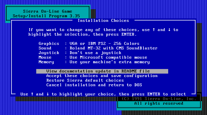 Police Quest 3: The Kindred IBM PC/Compatibles Screenshot: Installation choices. (VGA)